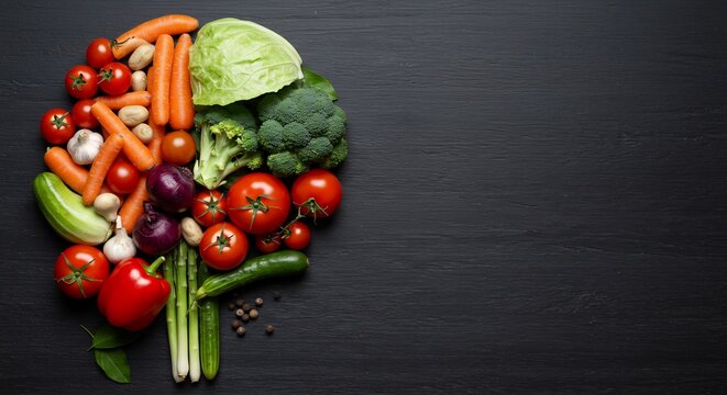 Frisches Gemuse bildet Gehirn dunkler Hintergrund leuchtend. AI Generated