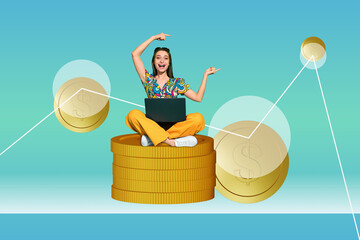 Sketch image design artwork collage of young lady sit pile coins finger show graphics laptop trade...