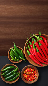 An artistic arrangement of wooden bowls filled with vibrant red and green chili peppers and flakes set against a two toned wood and dark stone background.