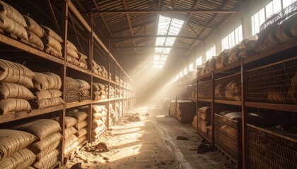 Dreamy Warehouse Setting Amidst Soft Sandstorm and Ambient Glow