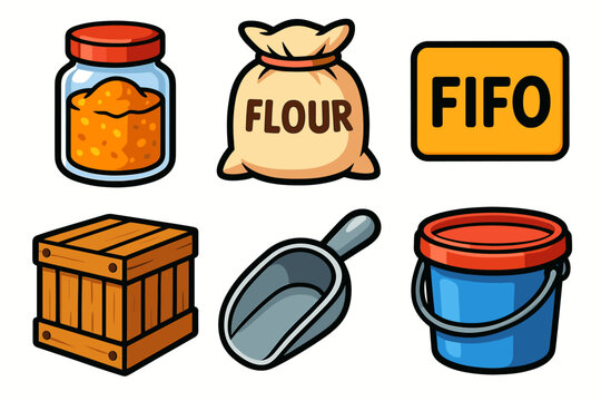 Illustrations of cooking ingredients and tools - jar, flour, fifo sign, crate, scoop, bucket