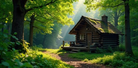A rustic cabin nestled amongst lush green trees, sunlight dappling through leaves onto a mossy log Perfect for relaxation and nature themes , atmosphere, ground