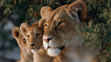 Fototapeta premium Lioness and cubs alert among sunlit foliage