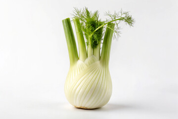 Fresh Fennel Bulb Upright White Background Green Stalks