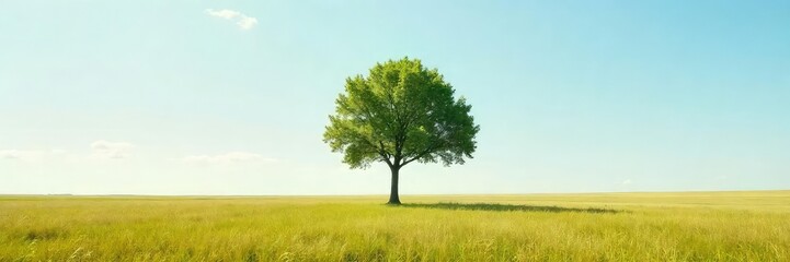 Fototapeta premium Serene Solitude A Perfectly Symmetrical Tree Stands Alone in a Vast, Empty Field Under a Clear Sky