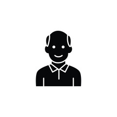Simple black and white vector icon of a smiling senior man.