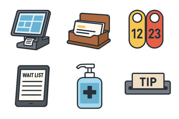 Restaurant icons set: point of sale, table numbers, waitlist, payment, sanitizer, tip