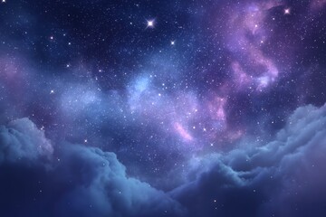 A stunning night sky filled with stars, a purple nebula, and fluffy clouds creating a dreamy cosmic scene.