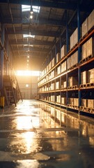Fototapeta premium Industrial Warehouse with Golden Hour Light and Reflections in Rain
