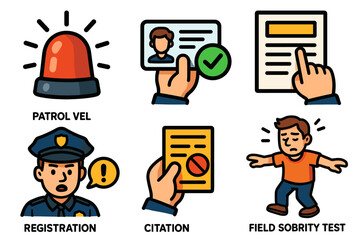 Fototapeta premium Police process icons: patrol light, registration, citation, sobriety test