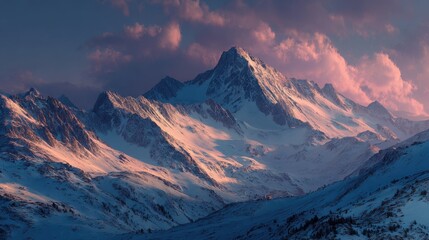 Fototapeta premium Majestic mountain range covered in snow with a pink sky at dusk in the winter season