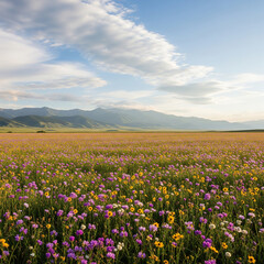 Fototapeta premium field of flowers with blue sky and mountain
