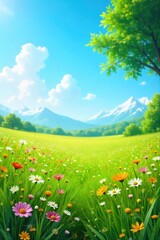 Fototapeta premium A vibrant summer scene featuring a lush green field of wildflowers gently swaying in the warm breeze under a clear blue sky Perfect for idyllic summer, nature, or travel themes , day, scenery, beauty