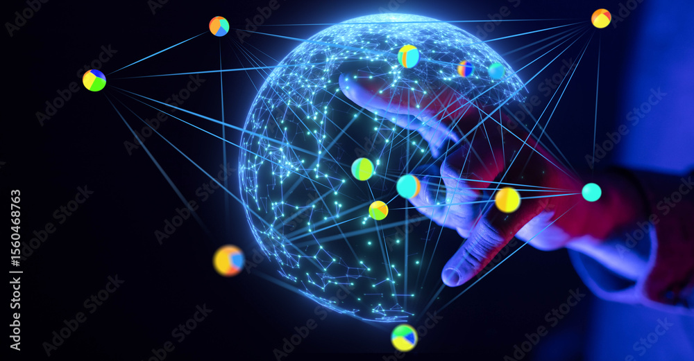 Aufkleber Hand interacting with a digital globe, showcasing global network connections and data points.