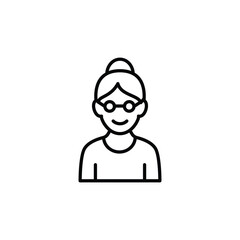 A simple line art icon depicting a happy elderly woman wearing glasses.