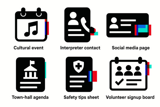 Icons representing cultural event, interpreter contact, social media page, town-hall agenda, safety tips, volunteer signup