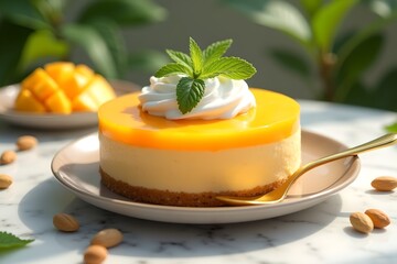 Mango Mousse Cake with Whipped Cream and Mint Leaves on Plate on Marble Table