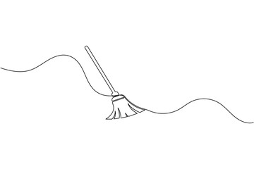 Continuous line drawing of broom cleaner tool minimalist home cleaning equipment outline vector