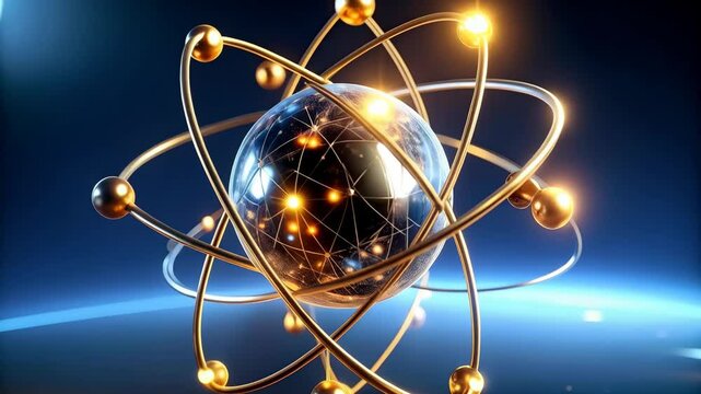 Illustrative atom model with electrons orbiting a central nucleus in a gold and blue abstract setting representing science and physics