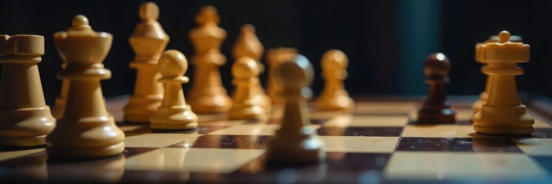 Close-up of a chessboard mid-game, pieces strategically positioned, reflecting a fierce, calculated battle of wits and ambition , precision, victory, challenge