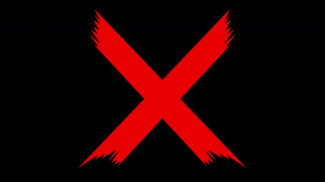 Red cross mark brushstroke animation. Transparent background. Warning, error, cancel, deny symbol