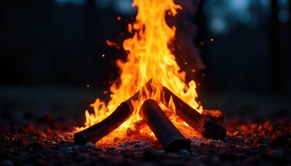 Close-up of a roaring bonfire, flames licking upwards into the night sky Embers glow intensely, casting dramatic shadows Perfect for themes of warmth, power, and destruction , coal, wood