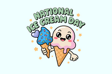 Cute soft serve ice cream cartoon in kawaii style for national ice cream day vector badge or kids event art  