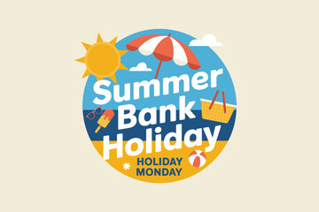 Summer bank holiday badge with sun beach and drink vector design for seasonal event or travel celebration  