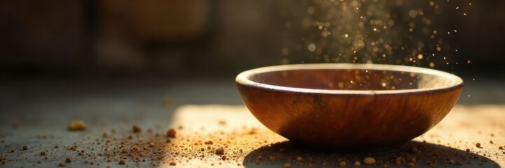 Close-up shot of an empty, worn wooden bowl, suggesting poverty and lack of food Dust motes dance in a sunbeam highlighting the emptiness , lentils, donation, developing country