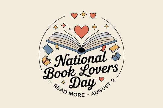 National book lovers day badge with open book heart and stars for august 9 reading and literacy celebration  