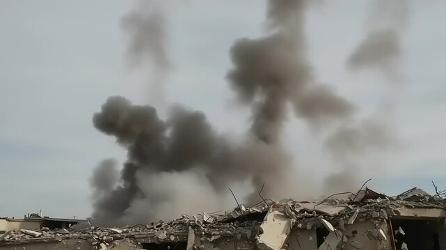 Smoke billowing from a demolished building site, with debris scattered across the foreground