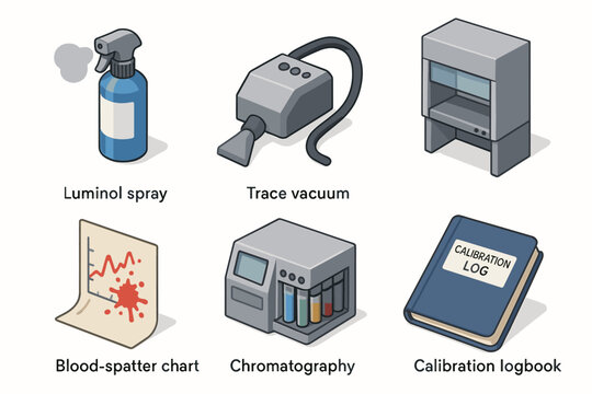 Forensic tools illustrations: luminol spray, trace vacuum, chromatography, blood-spatter chart, calibration logbook
