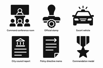 Government symbols set: conference, stamp, escort, report, memo, medal