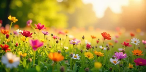 Poster de jardin Prairie, marais Vibrant Wildflowers Basking in Spring Sunshine A Field of Colorful Blooms Gently Swaying in a Warm Breeze, Perfect for Renewal and Freedom Themes  © Chanchai
