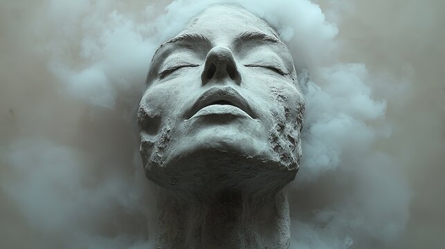 "Gray stone statue head with closed eyes surrounded by smoke, ideal for art projects, meditation spaces, or creative visual content."
