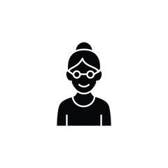 Simple black and white icon of a happy elderly woman.