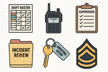 Shift management icons - roster, radio, supervisor checklist, incident review, briefing room key, sergeant insignia