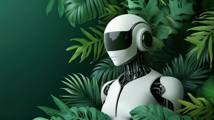 Futuristic humanoid robot nestled among lush green tropical leaves gazing off into distance - Powered by Adobe