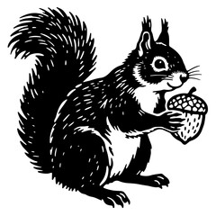 Black and white squirrel illustration holding acorn, vector design