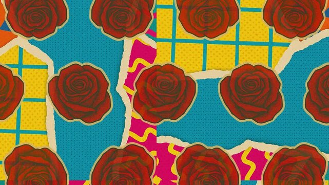 A bold and colorful animated background featuring retro pop-art Roses in a vintage collage style. Designed with seamless looping, textured layers, and dynamic movement.