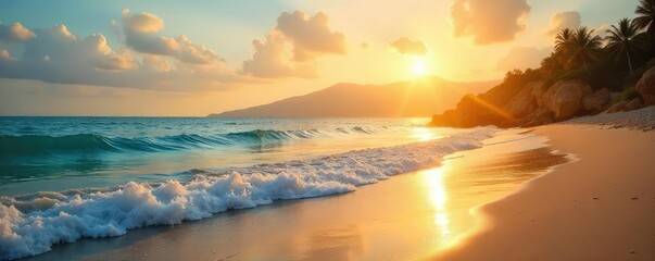 Golden hour sunlight bathes a tranquil seascape Gentle waves lap the shore, creating a peaceful summer scene Perfect for travel, vacation, or summer themed projects , shoreline, vacation