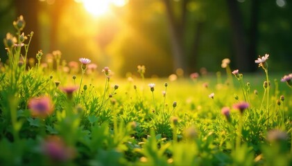 Obraz premium Golden hour sunlight bathes vibrant summer foliage, illuminating lush green leaves and wildflowers in a sun-drenched meadow Perfect for summer, nature, and travel themes , foliage, summer