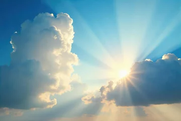 Golden sun rays bursting through gaps in fluffy clouds, illuminating a bright, serene sky Perfect for nature, weather, and summer themes , environment, glow © Jame
