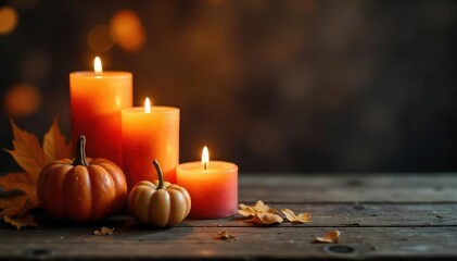 Cozy Autumn Candlescape Warm Glow on Rustic Wood, Perfect for Thanksgiving and Fall Ambiance