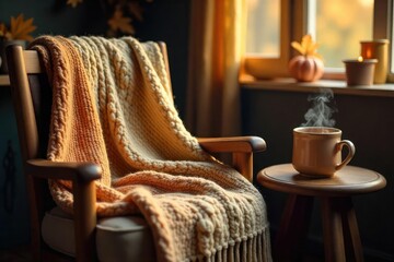 Cozy Autumn Scene Knitted Blanket, Rustic Chair, Steaming Mug, Warm Brown Tones - Perfect for Fall Hygge and Home Decor