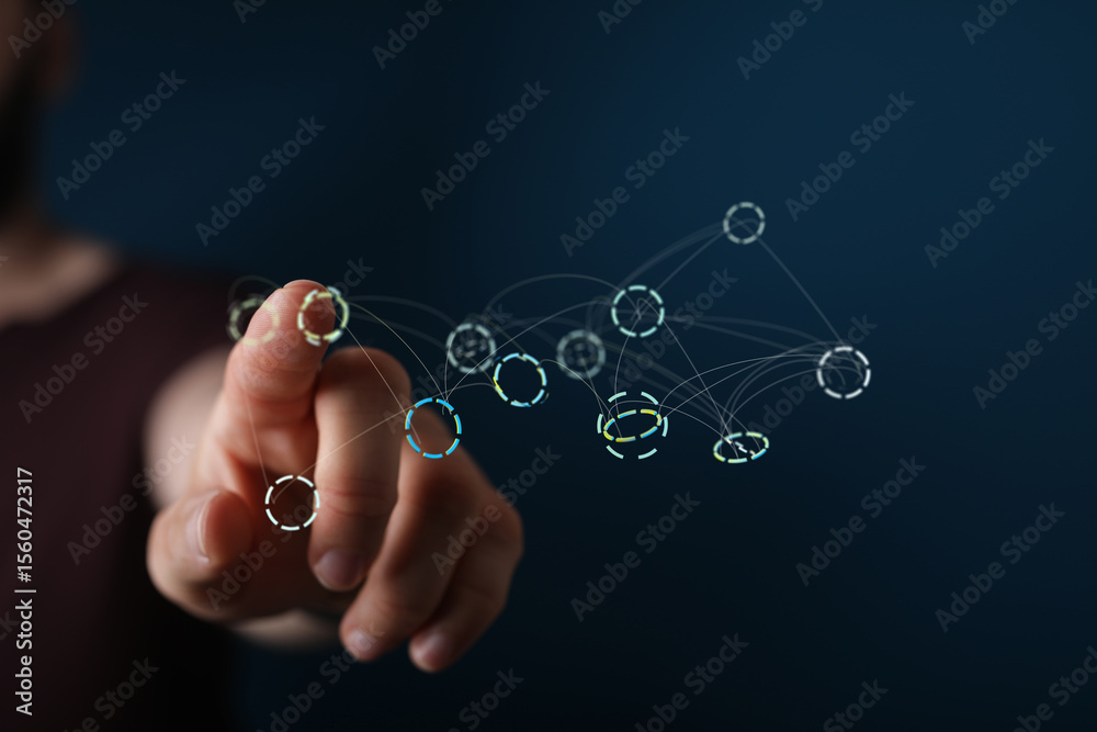 Poster Hand interacting with a digital network visualization.  Modern technology concept.