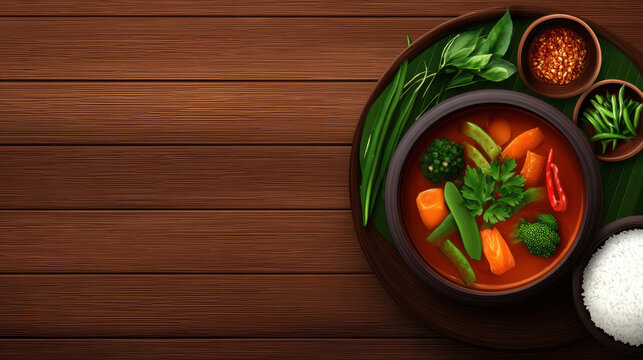 An artistic close up showcases a bowl of flavorful vegetable curry served with rice on a wooden table, complemented by fresh herbs and vibrant spices nearby.