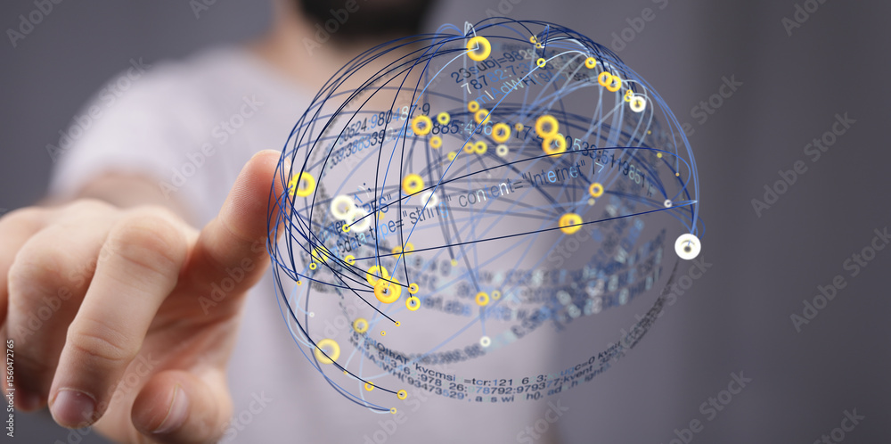 Poster A person interacts with a 3D sphere representing a global network, data connections and information flow.