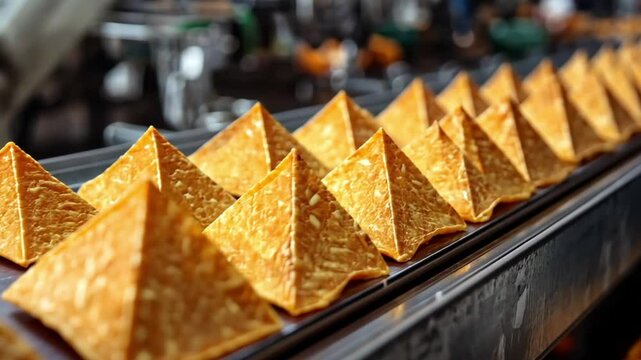 Pyramid-shaped snacks moving on a conveyor belt