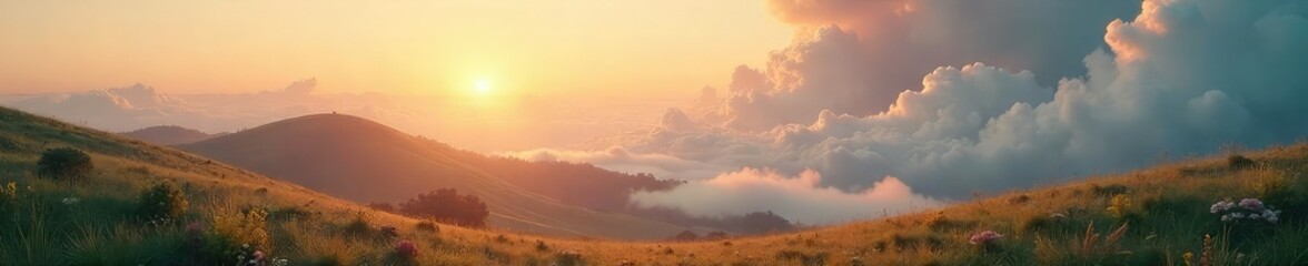 Golden Light Bathes Ethereal Landscape Rolling Hills, Wispy Clouds, Mystical Realm